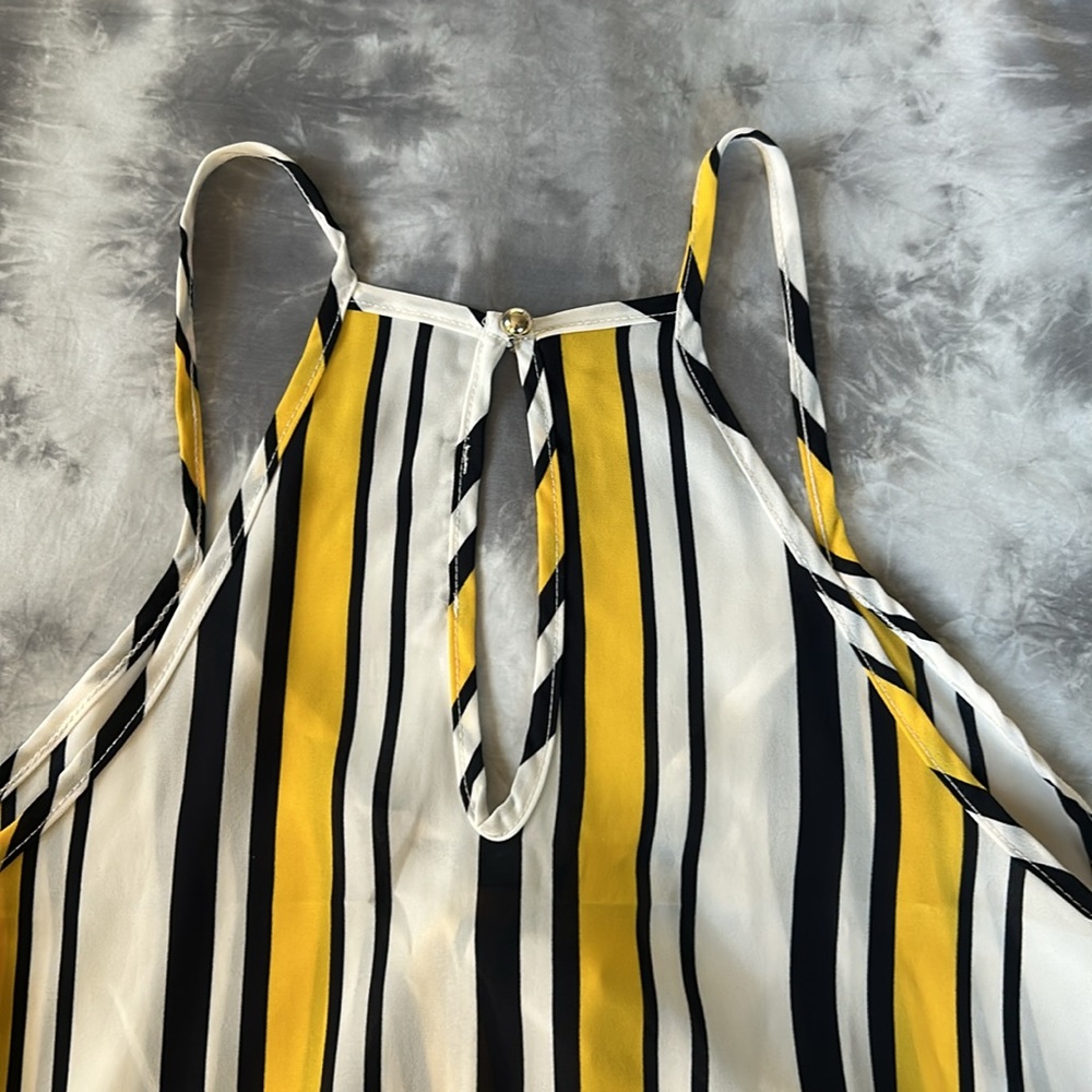 Kanji Yellow Navy Dark Blue and White Tank Top Blouse V Neck Striped Vertical - Picture 4 of 4